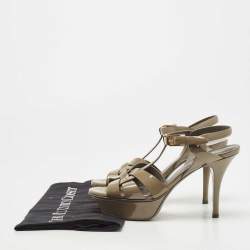 Pre Owned Saint Laurent Olive Green Patent Leather Tribute Sandals Size 35.5