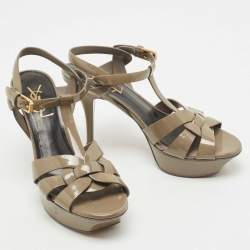 Pre Owned Saint Laurent Olive Green Patent Leather Tribute Sandals Size 35.5