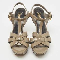 Pre Owned Saint Laurent Olive Green Patent Leather Tribute Sandals Size 35.5