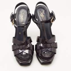 Pre Owned Saint Laurent Navy Blue/Black Patent Leather Tribute Sandals Size 36