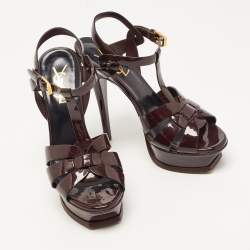 Pre Owned Saint Laurent Dark Brown Patent Leather Tribute Sandals Size 35