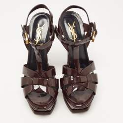 Pre Owned Saint Laurent Dark Brown Patent Leather Tribute Sandals Size 35