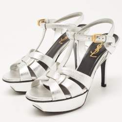 Pre Owned Saint Laurent Silver Leather Tribute Sandals Size 35