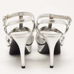 Pre Owned Saint Laurent Silver Leather Tribute Sandals Size 35
