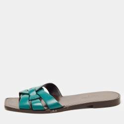 Saint Laurent Green Leather Tribute Flat Slides Size 37.5