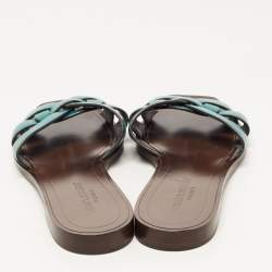 Saint Laurent Green Leather Tribute Flat Slides Size 37.5