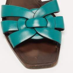 Saint Laurent Green Leather Tribute Flat Slides Size 37.5