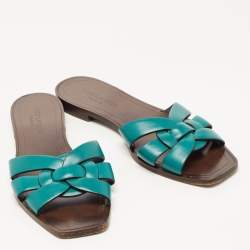 Saint Laurent Green Leather Tribute Flat Slides Size 37.5