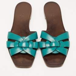 Saint Laurent Green Leather Tribute Flat Slides Size 37.5