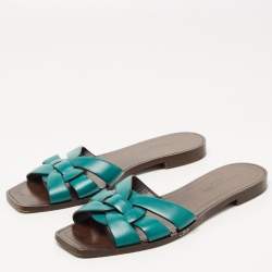 Saint Laurent Green Leather Tribute Flat Slides Size 37.5