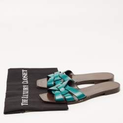 Saint Laurent Green Leather Tribute Flat Slides Size 37.5
