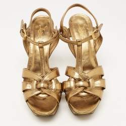 Saint Laurent Metallic Gold Leather Tribute Sandals Size 37