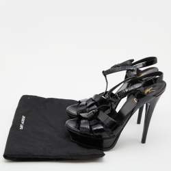 Pre Owned Saint Laurent Black Croc Embossed Leather Tribute Ankle Strap Sandals Size 37