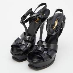 Pre Owned Saint Laurent Black Croc Embossed Leather Tribute Ankle Strap Sandals Size 37