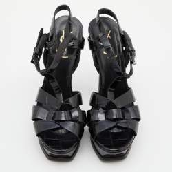 Pre Owned Saint Laurent Black Croc Embossed Leather Tribute Ankle Strap Sandals Size 37