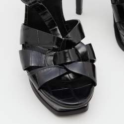 Pre Owned Saint Laurent Black Croc Embossed Leather Tribute Ankle Strap Sandals Size 37