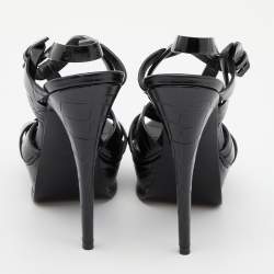 Pre Owned Saint Laurent Black Croc Embossed Leather Tribute Ankle Strap Sandals Size 37