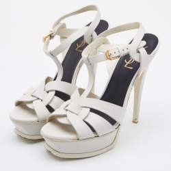 مملوكة مسبقًا Saint Laurent White Leather Tribute Ankle Strap Sandals Size 38.5