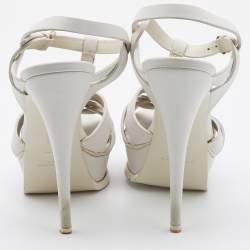 مملوكة مسبقًا Saint Laurent White Leather Tribute Ankle Strap Sandals Size 38.5