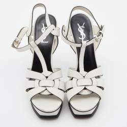 Pre Owned Saint Laurent White Leather Tribute Ankle Strap Sandals Size 38