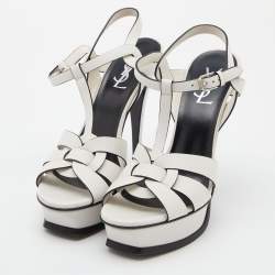 Pre Owned Saint Laurent White Leather Tribute Ankle Strap Sandals Size 38