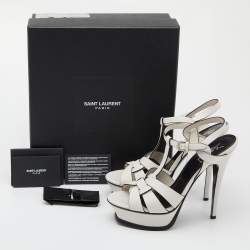 Pre Owned Saint Laurent White Leather Tribute Ankle Strap Sandals Size 38
