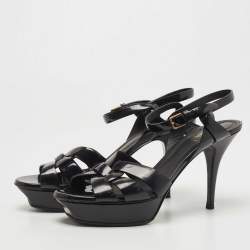 Pre Owned Saint Laurent Paris Black Leather Tribute Platform Ankle Strap Sandals Size 40.5