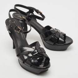 Pre Owned Saint Laurent Paris Black Leather Tribute Platform Ankle Strap Sandals Size 40.5
