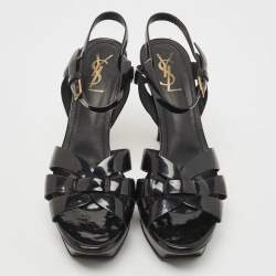 Pre Owned Saint Laurent Paris Black Leather Tribute Platform Ankle Strap Sandals Size 40.5