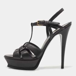 Saint Laurent Black Leather Tribute Platform Ankle Strap Sandals Size 40