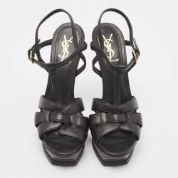 Saint Laurent Black Leather Tribute Platform Ankle Strap Sandals Size 40