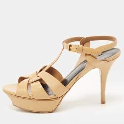 Saint Laurent Paris Beige Patent Leather Tribute Platform Ankle Strap Sandals Size 39.5