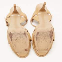 Saint Laurent Paris Beige Patent Leather Tribute Platform Ankle Strap Sandals Size 39.5