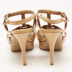 Saint Laurent Paris Beige Patent Leather Tribute Platform Ankle Strap Sandals Size 39.5
