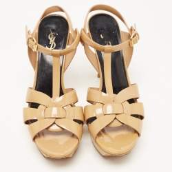 Saint Laurent Paris Beige Patent Leather Tribute Platform Ankle Strap Sandals Size 39.5