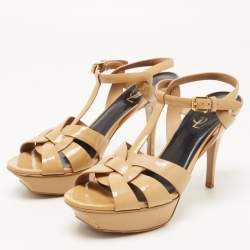 Saint Laurent Paris Beige Patent Leather Tribute Platform Ankle Strap Sandals Size 39.5