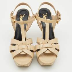 مملوكة مسبقًا Saint Laurent Beige Patent Leather Tribute Sandals Size 37