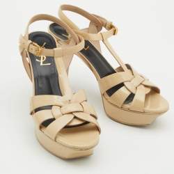 مملوكة مسبقًا Saint Laurent Beige Patent Leather Tribute Sandals Size 37