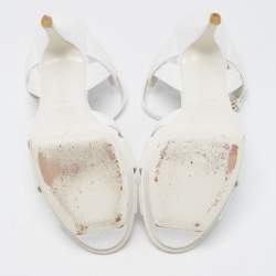Saint Laurent Paris White Lizard Embossed Leather Tribute Platform Ankle Strap Sandals Size 40