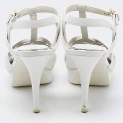 Saint Laurent Paris White Lizard Embossed Leather Tribute Platform Ankle Strap Sandals Size 40