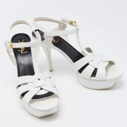 Saint Laurent Paris White Lizard Embossed Leather Tribute Platform Ankle Strap Sandals Size 40
