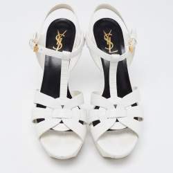 Saint Laurent Paris White Lizard Embossed Leather Tribute Platform Ankle Strap Sandals Size 40