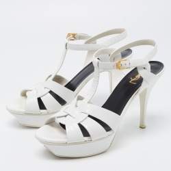 Saint Laurent Paris White Lizard Embossed Leather Tribute Platform Ankle Strap Sandals Size 40