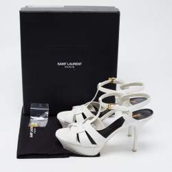 Saint Laurent Paris White Lizard Embossed Leather Tribute Platform Ankle Strap Sandals Size 40