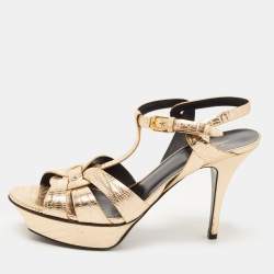 Pre Owned Saint Laurent Paris Gold Lizard Embossed Leather Tribute Platform Ankle Strap Sandals Size 40.5