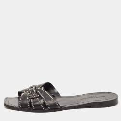 Saint Laurent Black Leather Tribute Studded Flat Slides Size 38.5