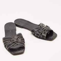 Saint Laurent Black Leather Tribute Studded Flat Slides Size 38.5