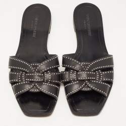 Saint Laurent Black Leather Tribute Studded Flat Slides Size 38.5