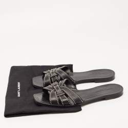Saint Laurent Black Leather Tribute Studded Flat Slides Size 38.5