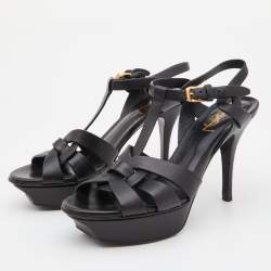 Saint Laurent Black Leather Tribute Ankle Strap Sandals Size 37
